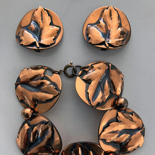 Mid-century retro Renoir Rabajes style Copper Bracelet and Clip Earrings Jewellery set